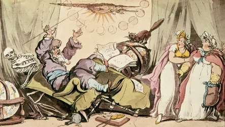 Alle Schicksale schwor er ihm bekannt zu sein, und doch konnte er sein eigenes nicht sagen, Karikatur eines Wahrsagers, veröffentlicht von R. Ackermann, 1815
